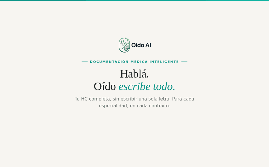 Demostración de Oído AI: graba la consulta, genera la nota estructurada, analiza interacciones medicamentosas (reemplaza Enalapril por Losartán), el médico aprueba y se pega automáticamente en el HCE